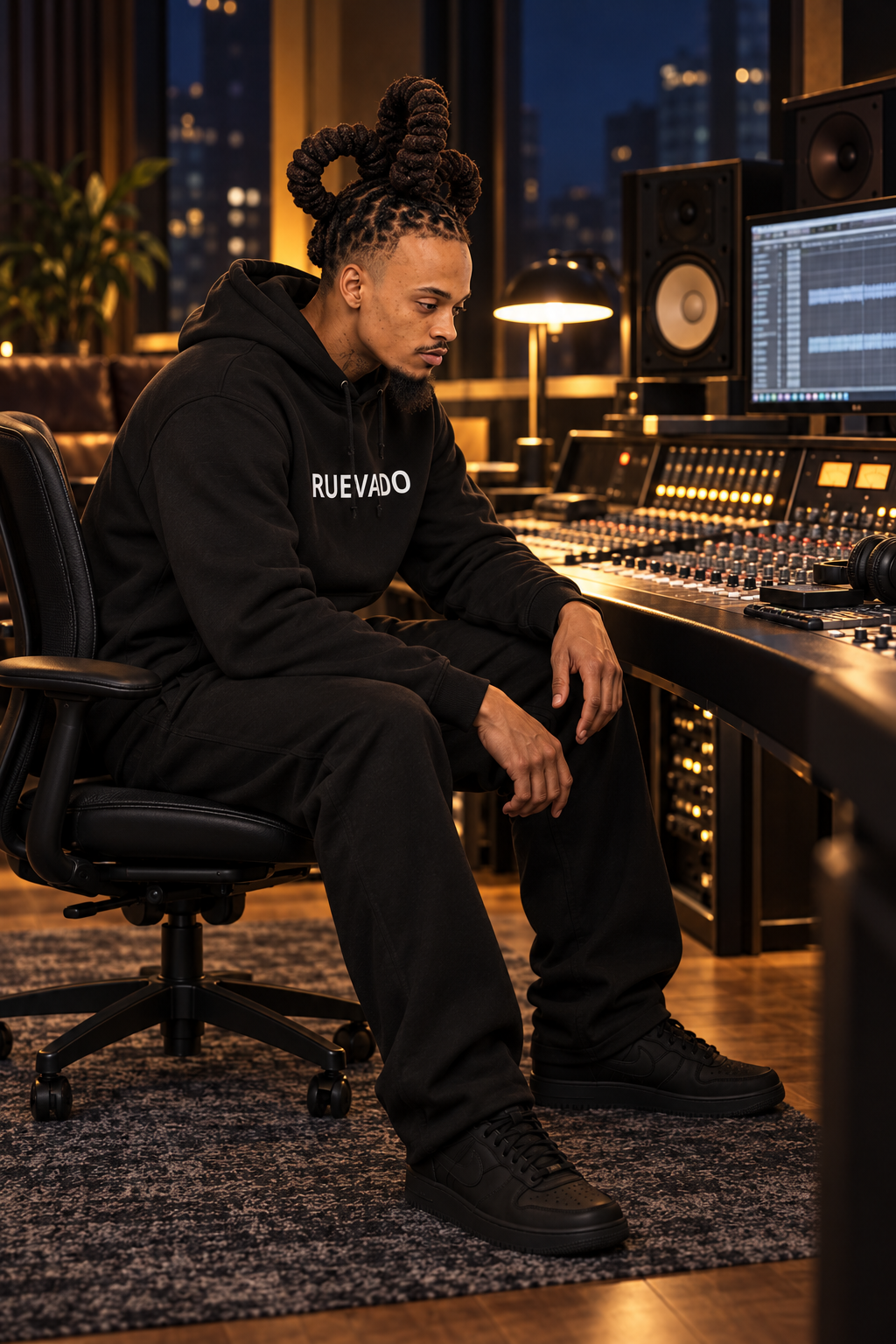 AI Rue character styling concept: seated in profile at a recording console in the After Hours hoodie. Refer to catalog images for exact product details.
