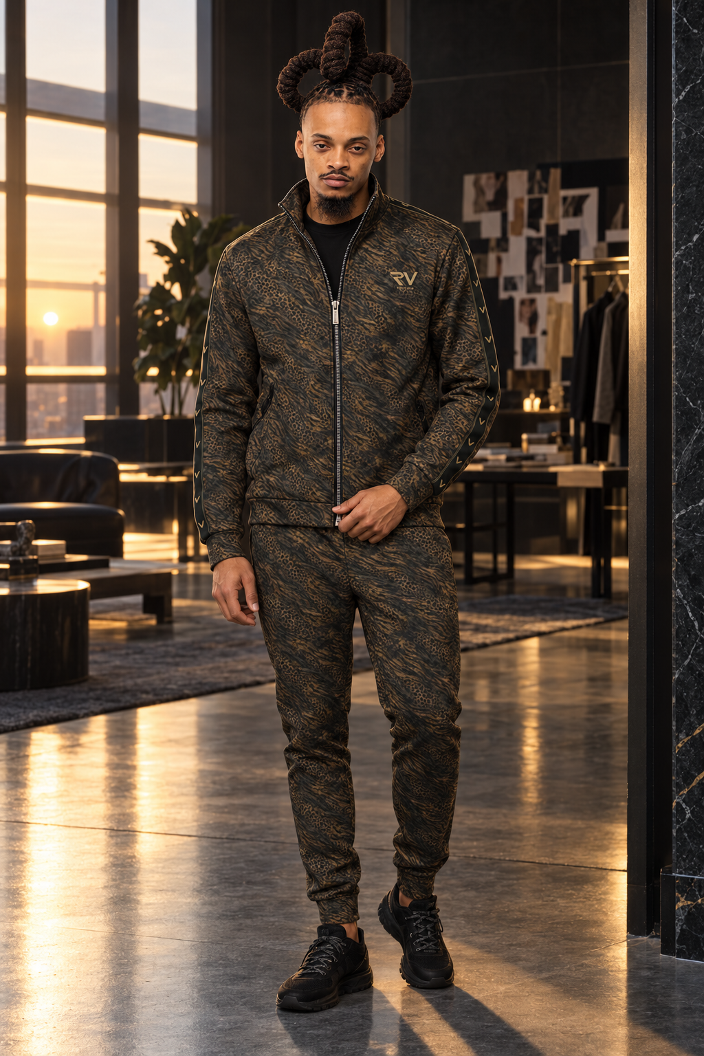AI concept: Rue with his three-loop loc hairstyle in the Faded Instinct Gold / Noir jacket and joggers at an atelier.
