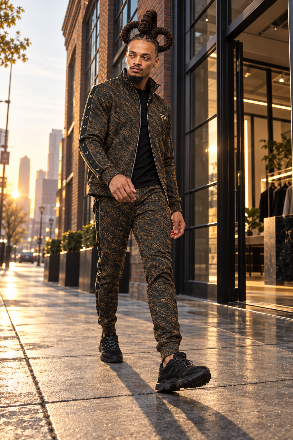 AI Rue character styling concept: low-angle walking in Gold / Noir outside the atelier. Refer to catalog images for exact product details.