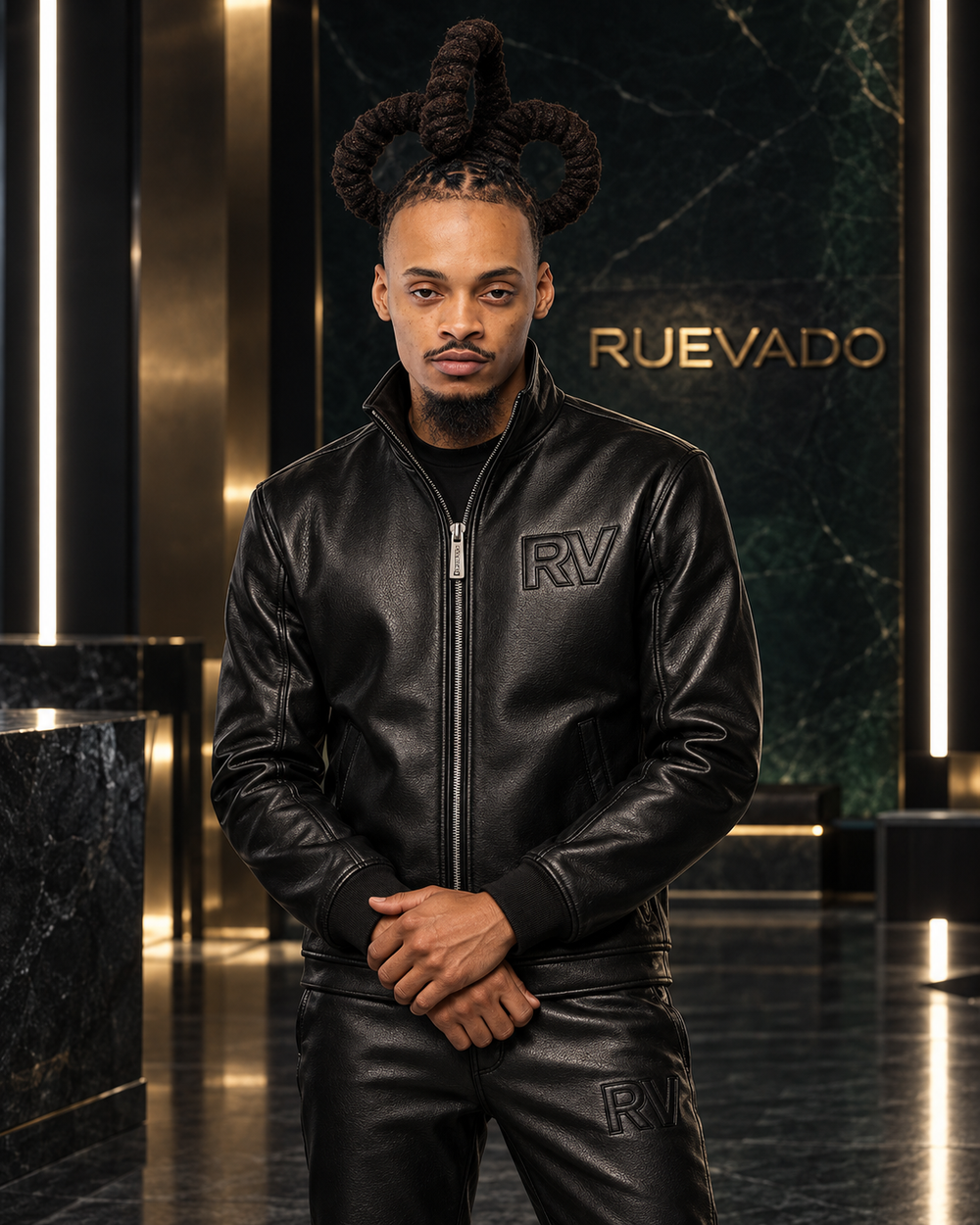 Rue in black leather RV menswear with sculpted locs. AI-created campaign concept.
