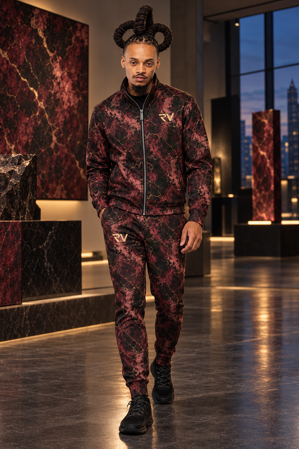 AI concept: Rue with his three-loop loc hairstyle in Garnet Nocturne jacket and joggers in an art gallery.